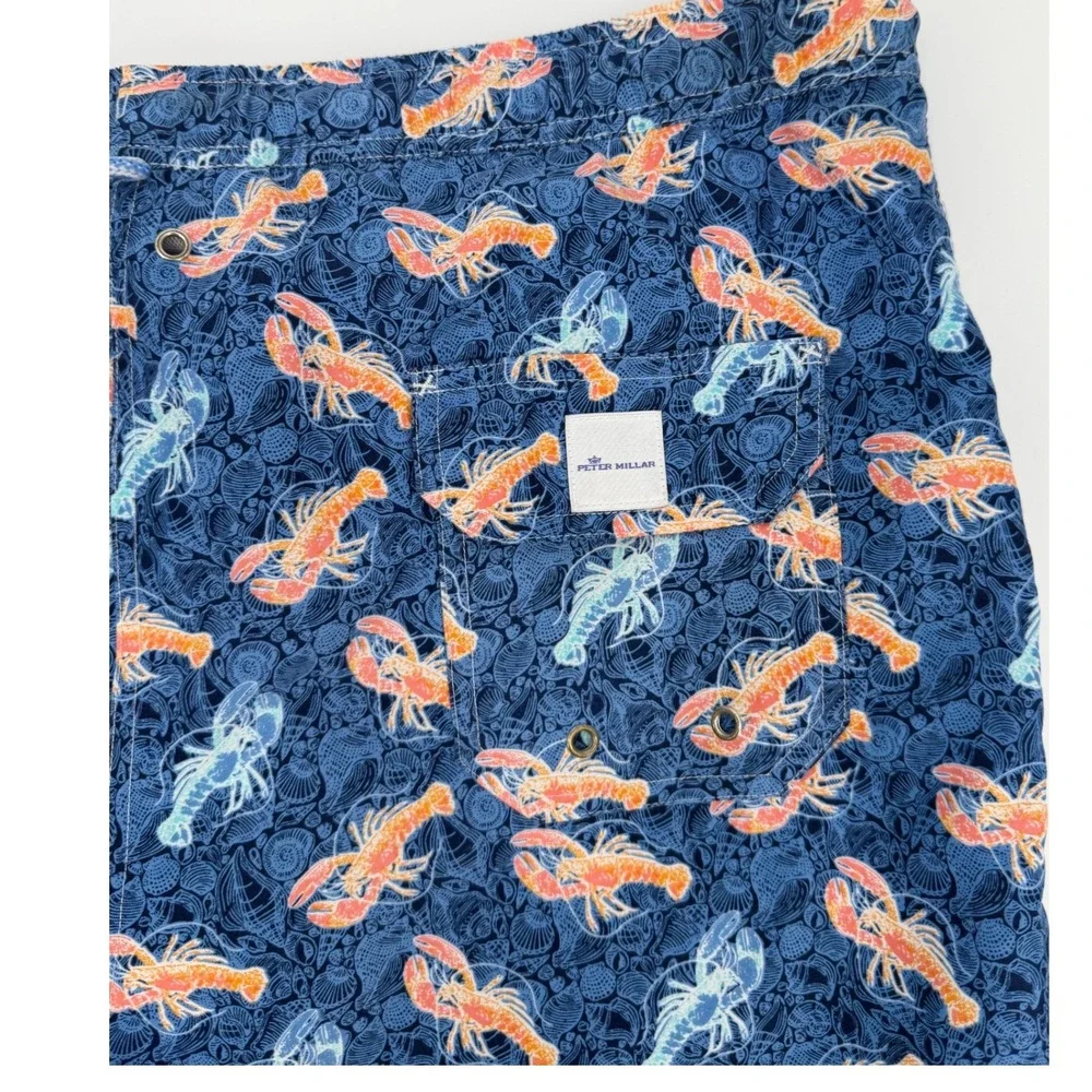 Peter Millar Mens Navy Blue Lobster Shell Print Swim Trunks Mesh Lined Large